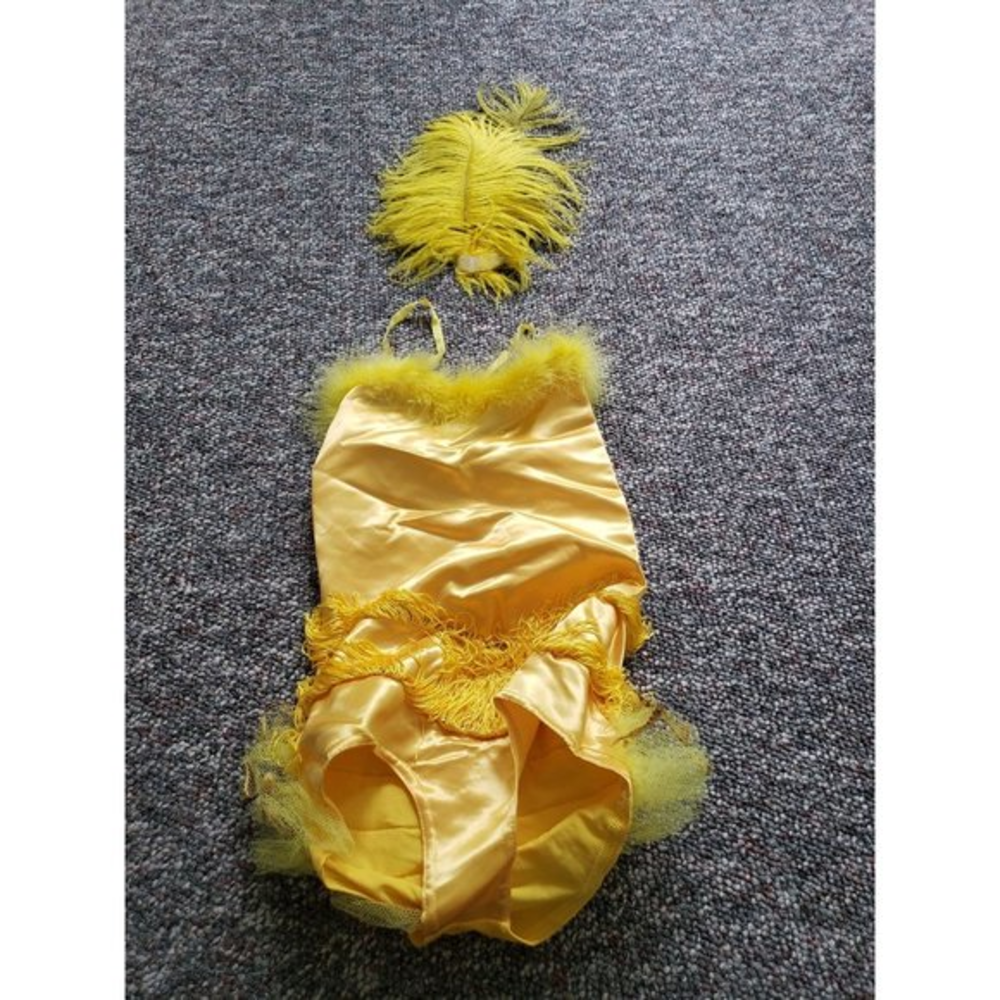 80s Yellow Girls Dance Costume with Fringe and‎ Faux Feathers